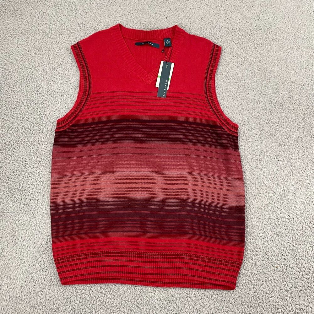 Perry Ellis Sweater Vest Men‎ L Wine Striped Modern Classic Preppy V-Neck NWt